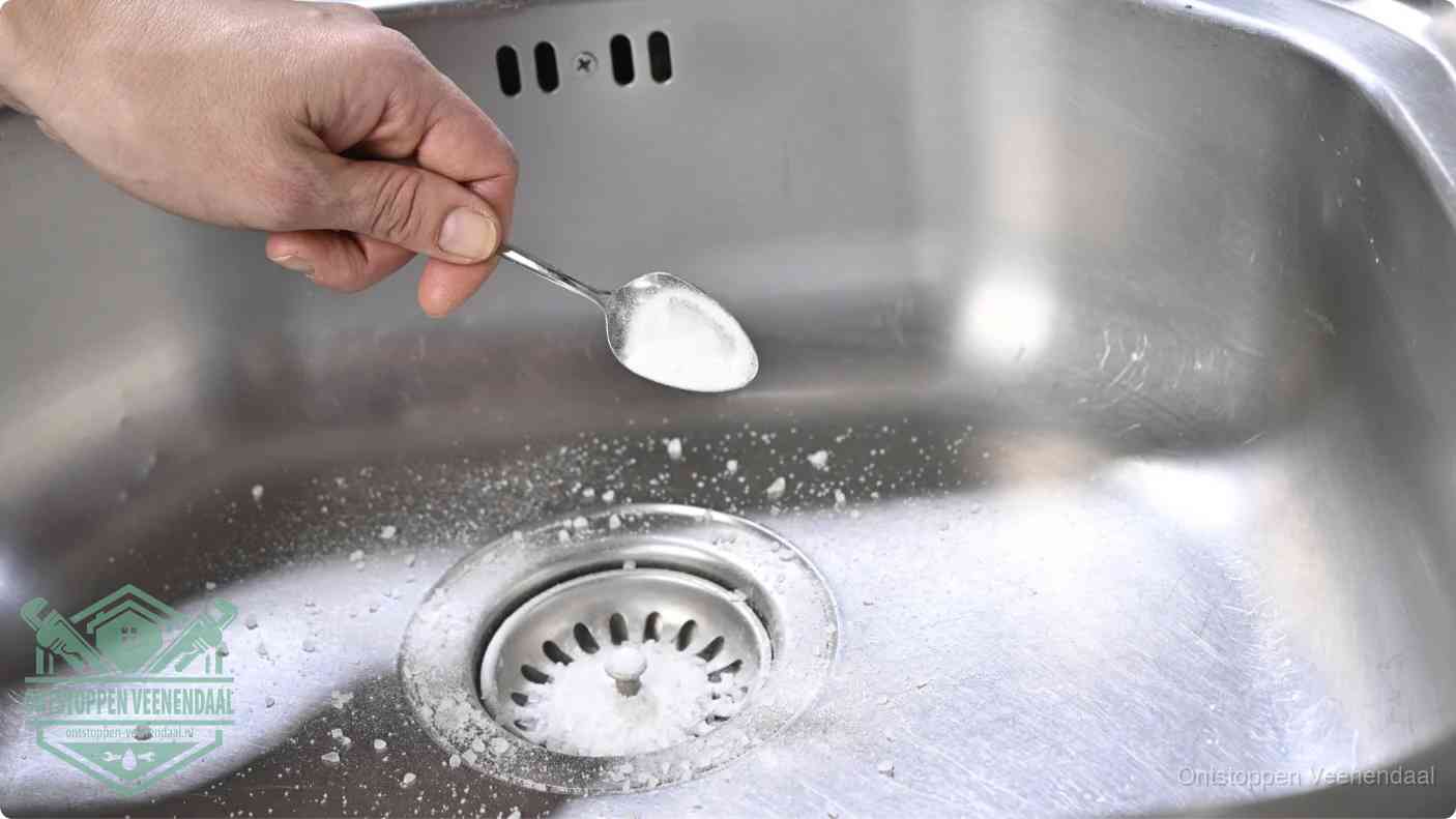 Een hand strooit met een lepel soda in de afvoer van een roestvrijstalen spoelbak, de soda en azijn huismiddel-methode om de afvoer te ontstoppen in Veenendaal