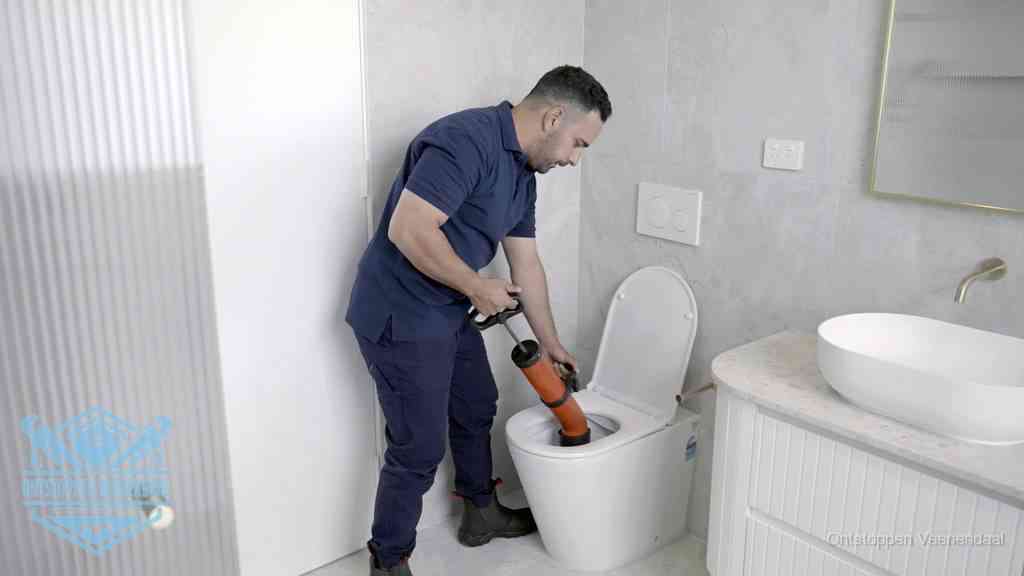 Een monteur buigt over een wandcloset en duwt met de hand een persluchtontstopper in de toiletpot om de verstopping handmatig los te maken in Veenendaal