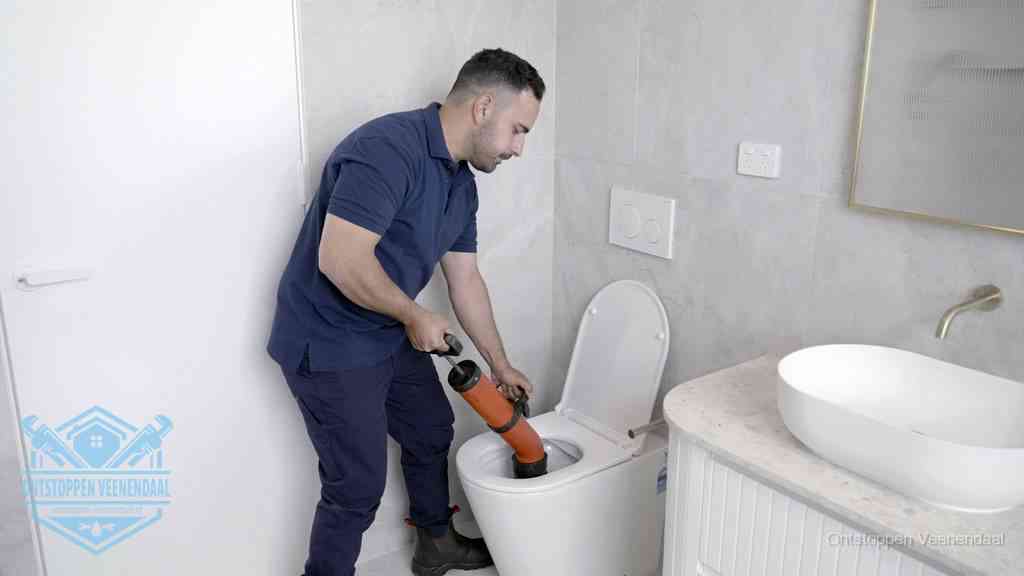 Een monteur gebruikt een handmatige perspomp (toiletontstopper) op een wandcloset tijdens het professioneel wc ontstoppen in Veenendaal