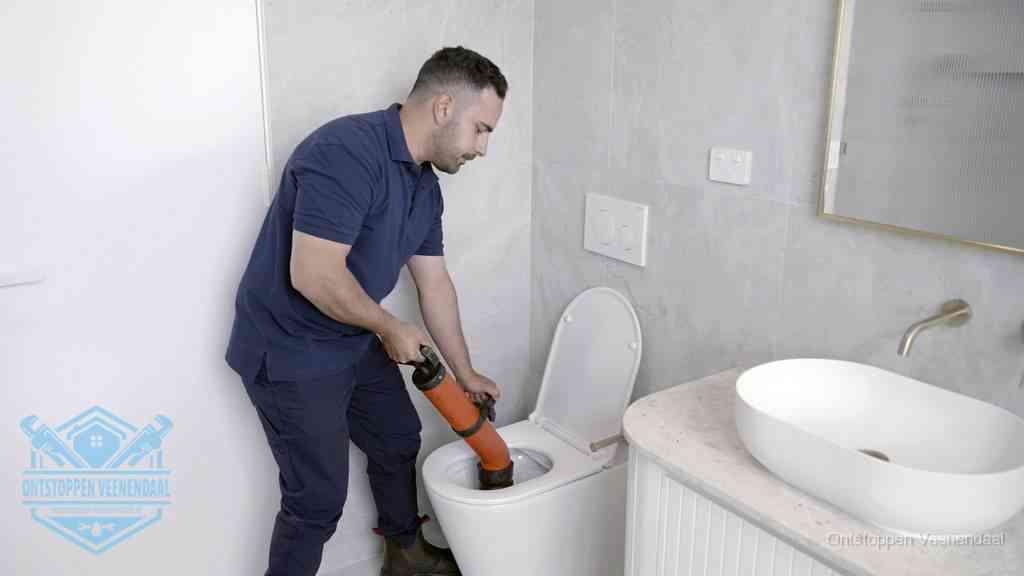 Een man gebruikt een handmatige luchtdruk-ontstopper in een modern betegeld toilet om zelf de wc te ontstoppen in Veenendaal